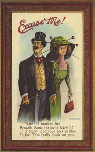 Postcard satirising the fashion and dangers of large hats and long hair pins by American School